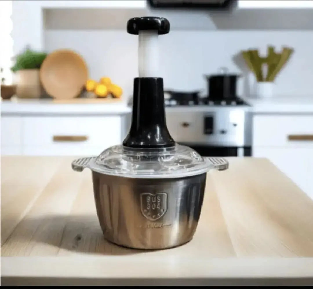 2L Stainless Steel Manual Food Chopper – 4-Blade Hand Push Vegetable & Meat Cutter