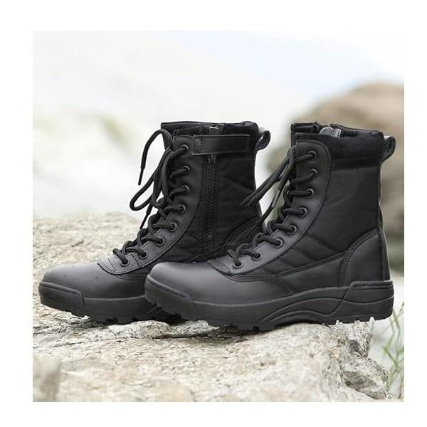 Men’s Black Synthetic Leather Boots – Casual Calf Boots with Side Zipper