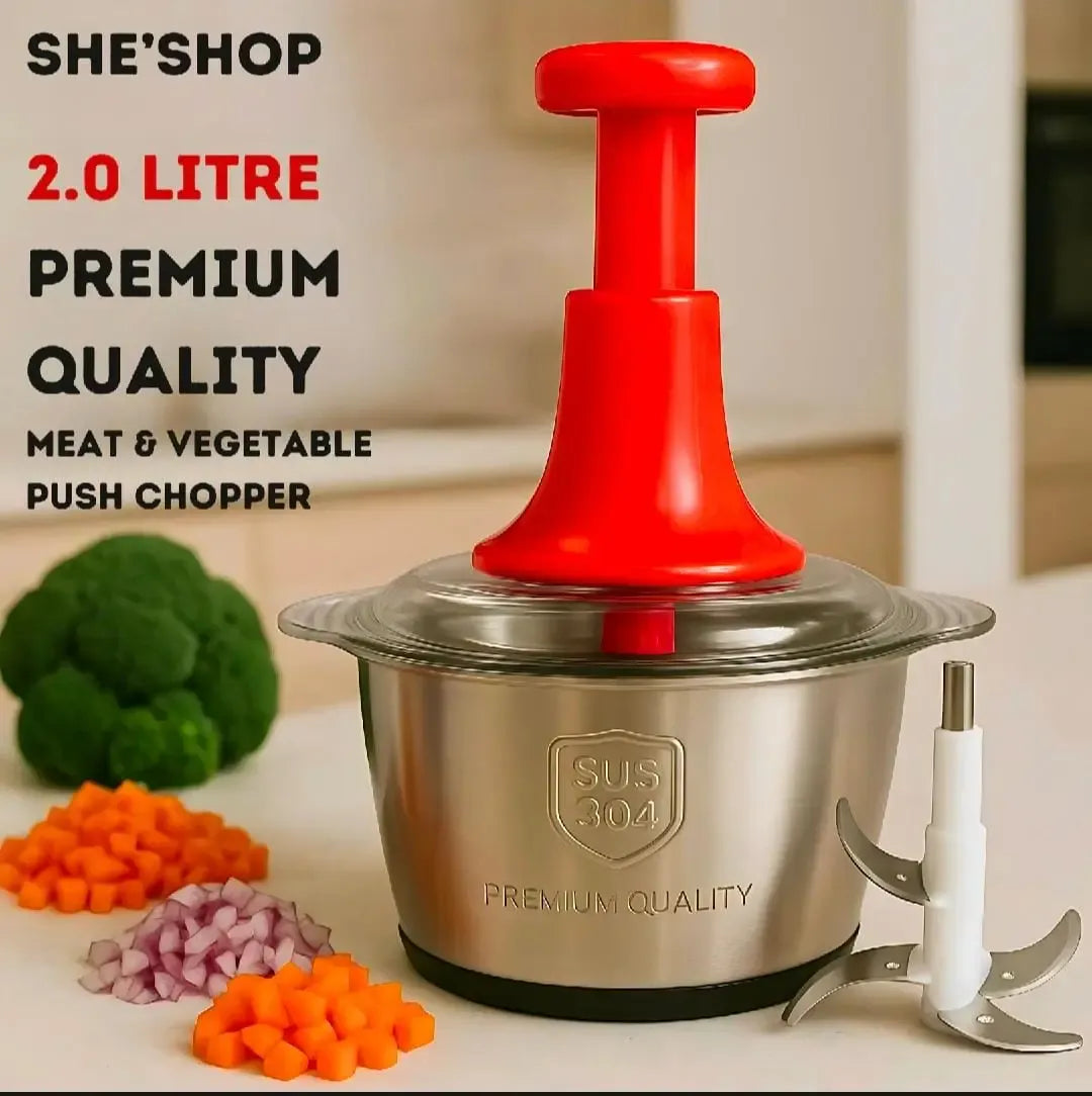 2L Stainless Steel Manual Food Chopper – 4-Blade Hand Push Vegetable & Meat Cutter