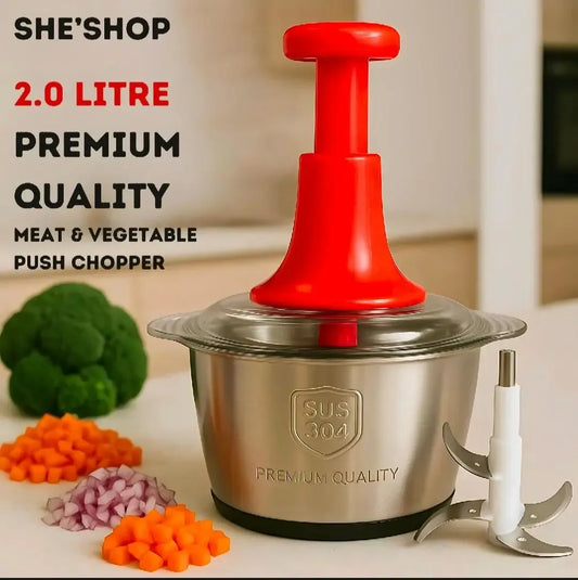 2L Stainless Steel Manual Food Chopper – 4-Blade Hand Push Vegetable & Meat Cutter