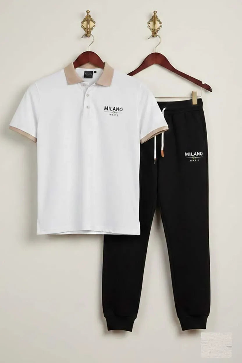 Men’s Printed Track Suit Set – MILANO White Polo & Black Jogger Set
