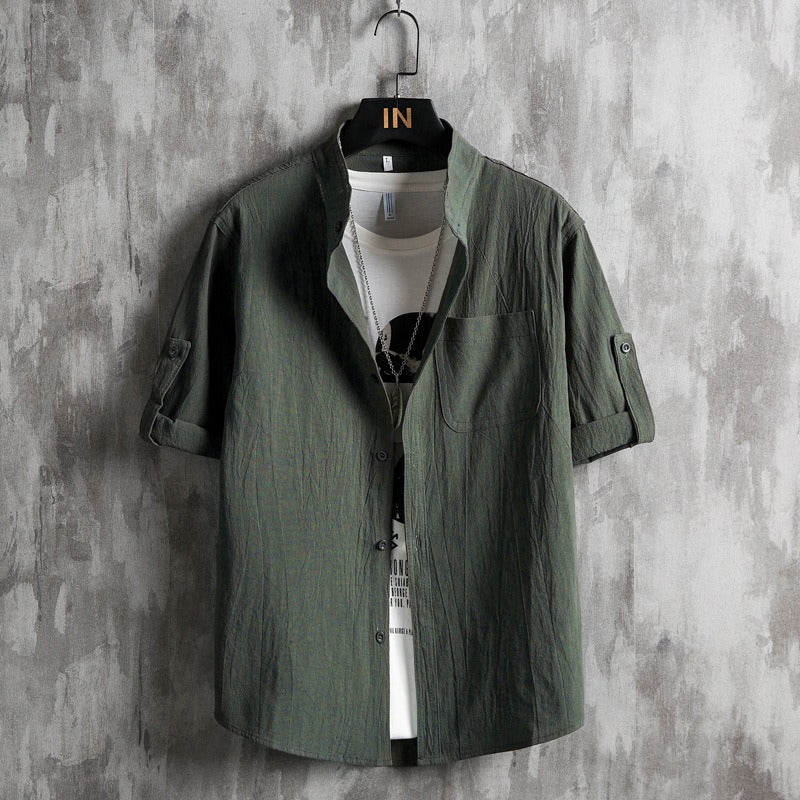 Men’s Plus Size Cotton Shirt – Short Sleeve Stand Collar Casual Summer Shirt