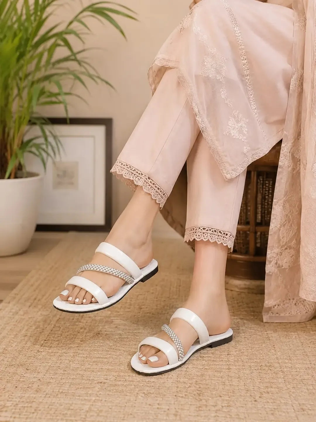Women’s White Cork Flats – Sequin Strap Casual & Festive Flat Sandals