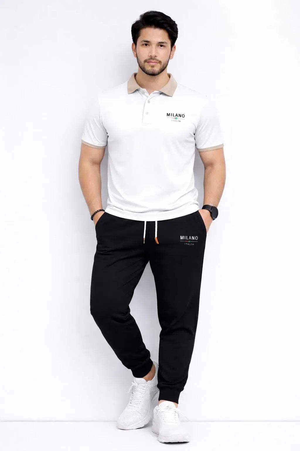 Men’s Printed Track Suit Set – MILANO White Polo & Black Jogger Set