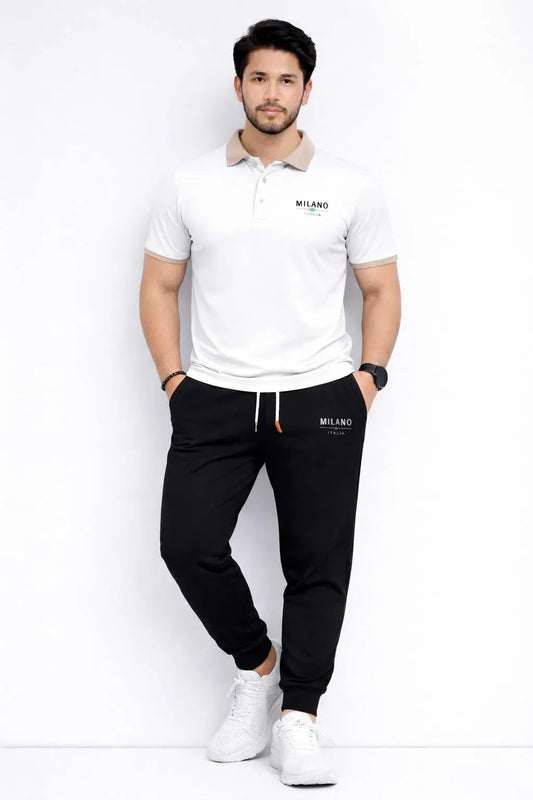 Men’s Printed Track Suit Set – MILANO White Polo & Black Jogger Set
