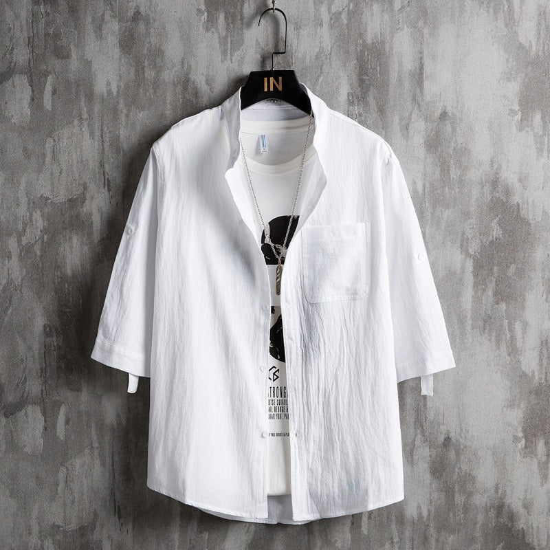 Men’s Plus Size Cotton Shirt – Short Sleeve Stand Collar Casual Summer Shirt