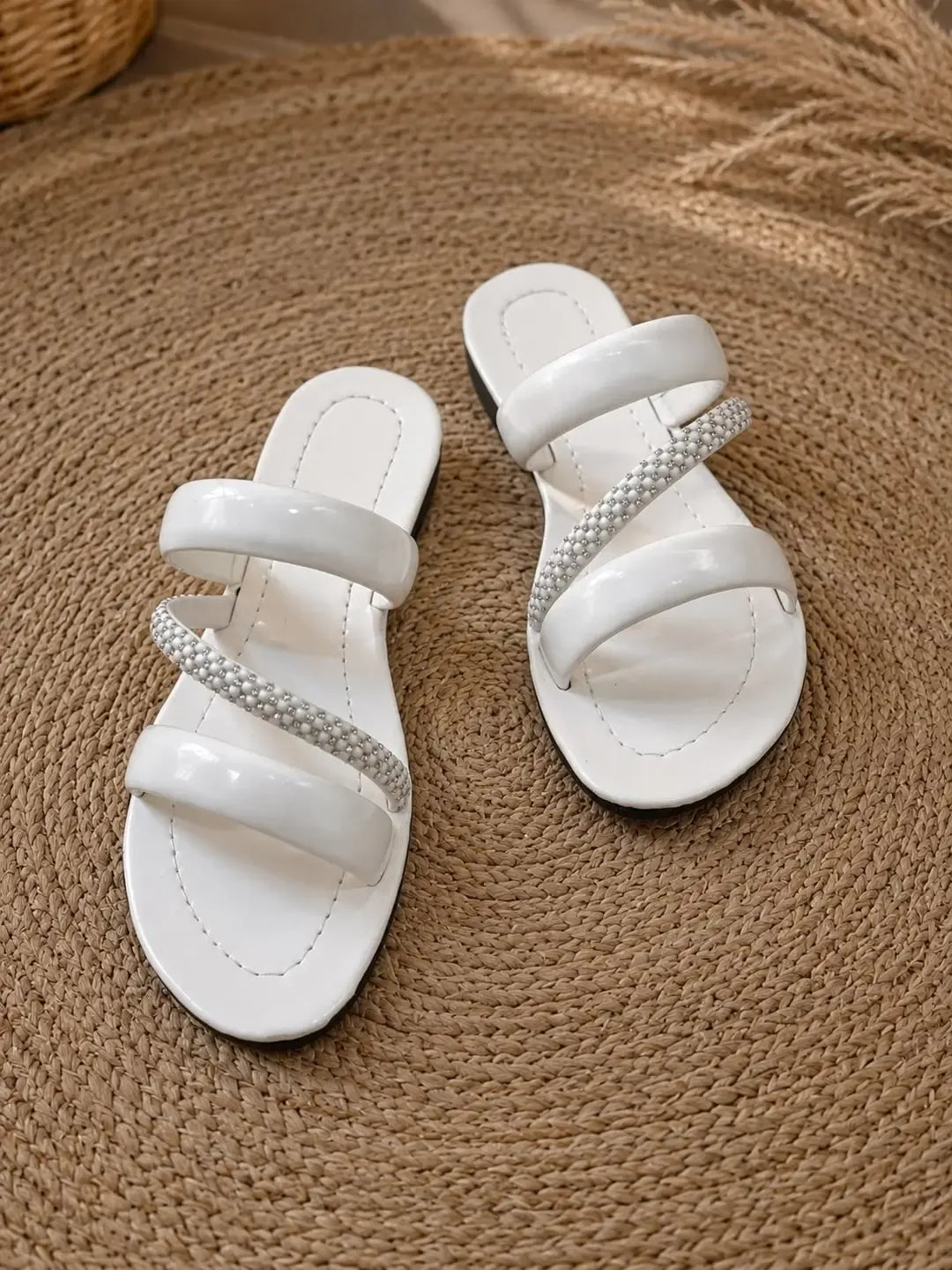 Women’s White Cork Flats – Sequin Strap Casual & Festive Flat Sandals