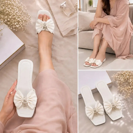 Women’s White Cork Formal Flats – Elegant Bow & Beaded Flat Sandals