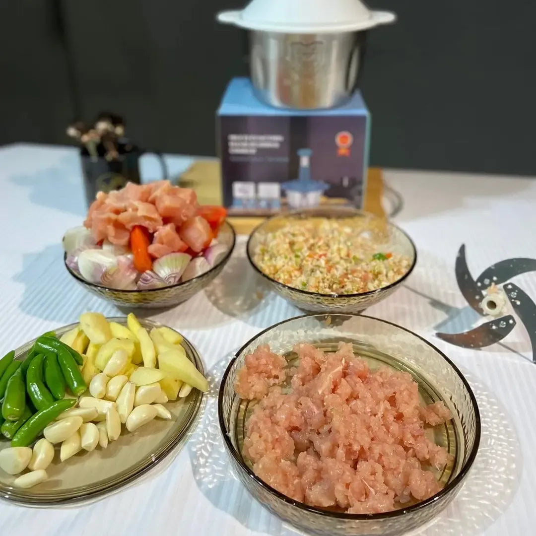 2L Stainless Steel Manual Food Chopper – 4-Blade Hand Push Vegetable & Meat Cutter