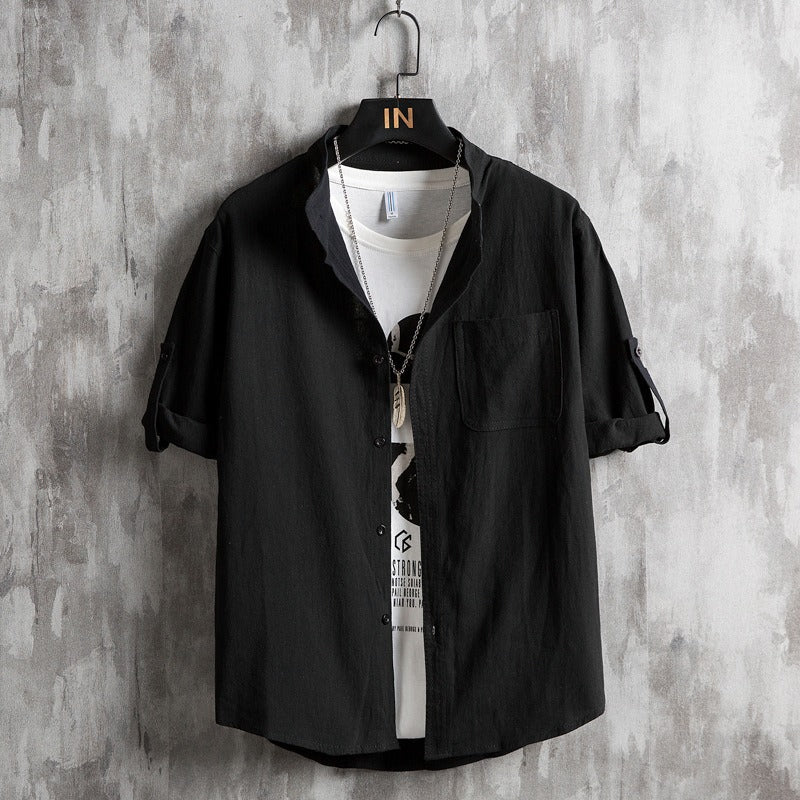 Men’s Plus Size Cotton Shirt – Short Sleeve Stand Collar Casual Summer Shirt