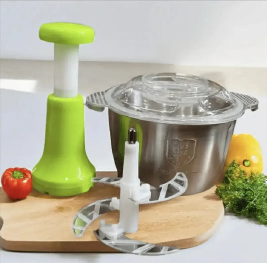 2L Stainless Steel Manual Food Chopper – 4-Blade Hand Push Vegetable & Meat Cutter